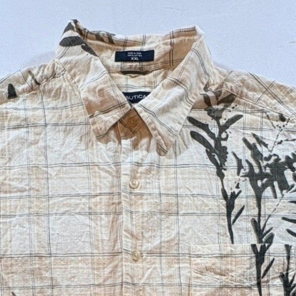 Nautica Other - Nautica Button‎ Down Shirt Mens XXL Beige Plaid Botanical Cotton Short Sleeve